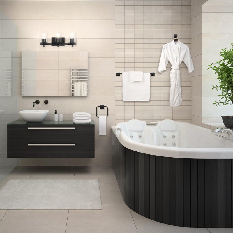 Globe Electric 51634 Dakota 5-Piece All-in-One Bathroom Set 3 Vanity Light with Seeded Glass Shades, Bar, Toilet Paper Holder, Towel Ring, Robe Hook, Matte Black - Image 5
